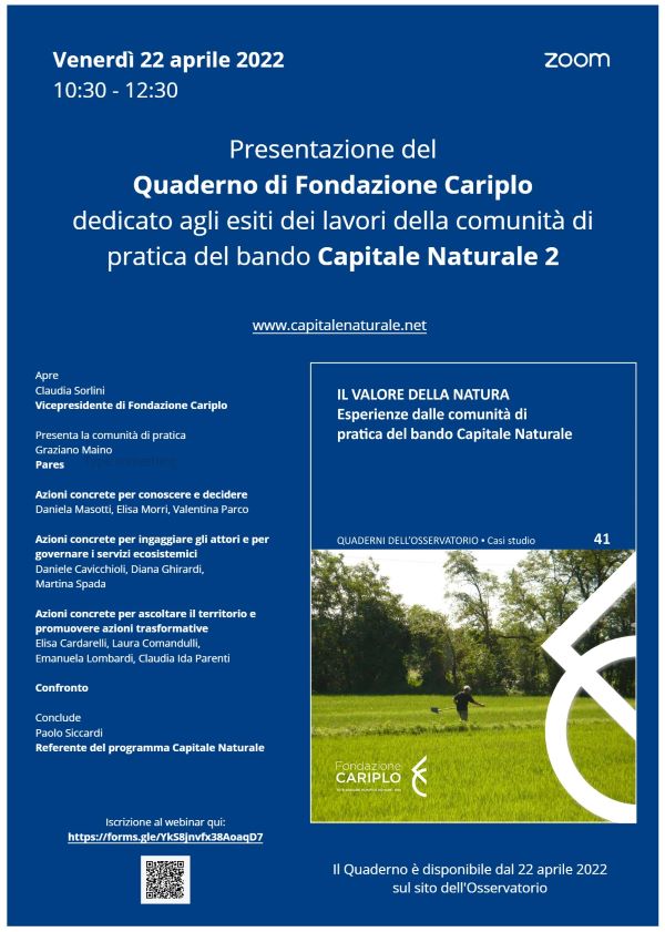 IL VALORE DELLA NATURA, presentazione on line del Quaderno di Fondazione CARIPLO