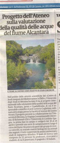 Progetto dell'Ateneo sulla valutazione della qualità delle acque del fiume Alcantara