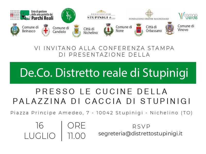 Invito alla Conferenza Stampa di presentazione della 'De.Co. Distretto reale di Stupinigi'