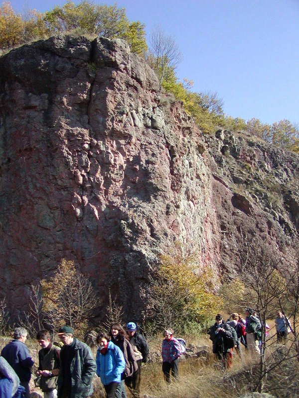 Gruppo di visitatori davanti all'alta parete lavica della cava piccola