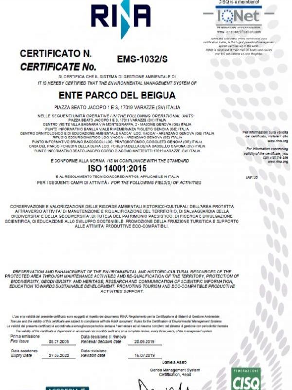 Certificato ISO14001:2015 Ente Parco del Beigua