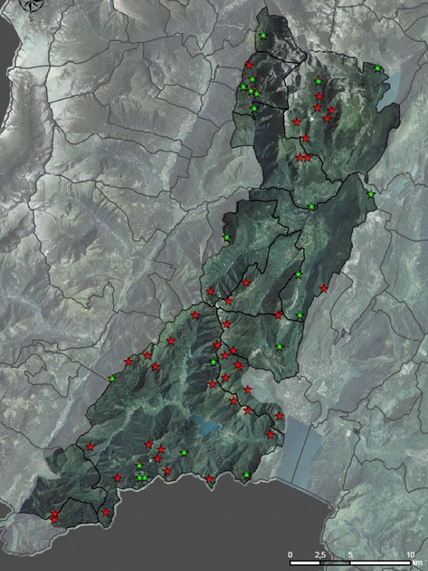 Mappa delle malghe nella Riserva di Biosfera