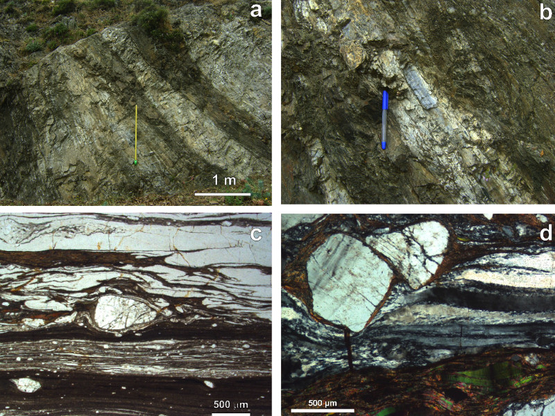 Figura 2. a-b) Affioramenti di rocce milonitiche nei pressi di Samo (Contrada Zillastro); c-d) Foto al microscopio ottico polarizzatore delle rocce milonitiche