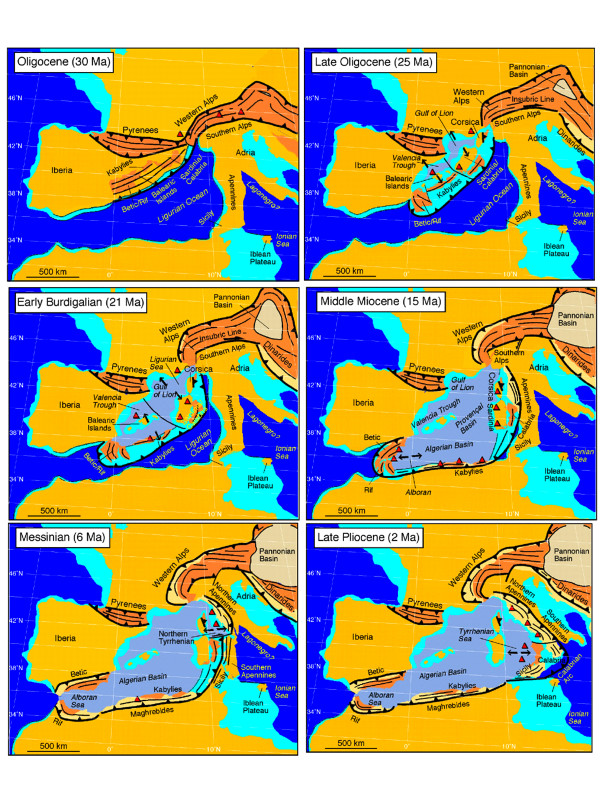 Figura 3. Ricostruzione geodinamica del movimento delle placche del Mediterraneo occidentale (da Rosenbaum, G., Lister, G. e Duboz, C. 2002 - Tectonophysics 359 (1-2), 117-129)