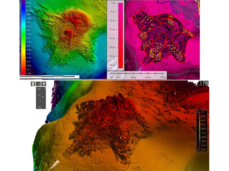 Immagine in pianta (in alto) e vista 3D del centro eruttivo localizzato nel settore SO di Pantelleria (Secca di Niká)