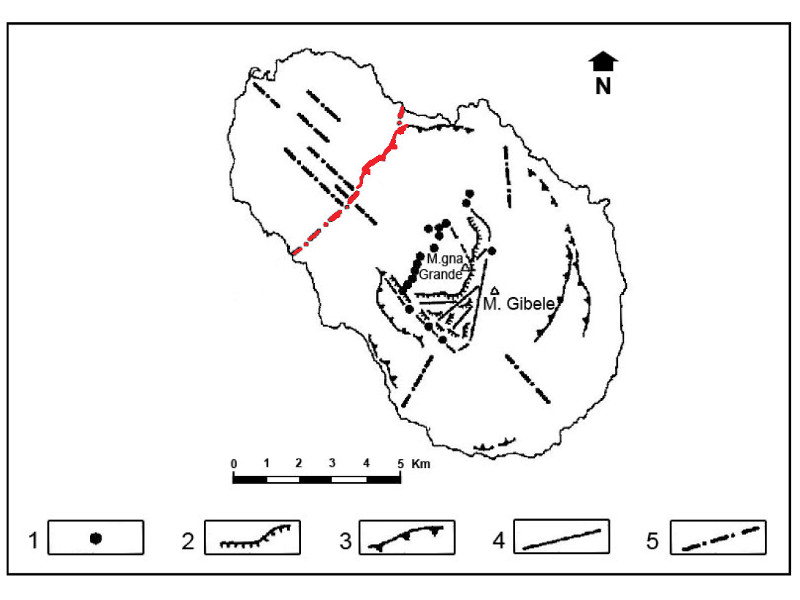 Figura 5: Carta strutturale schematica di Pantelleria. L'area in rosso evidenzia la struttura interessata dalla Faglia di Zinedì