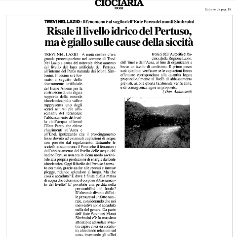 Trevi nel Lazio: risale il livello idrico del Pertuso