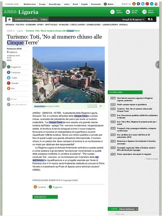 Turismo: Toti, 'No al numero chiuso alle Cinque Terre'