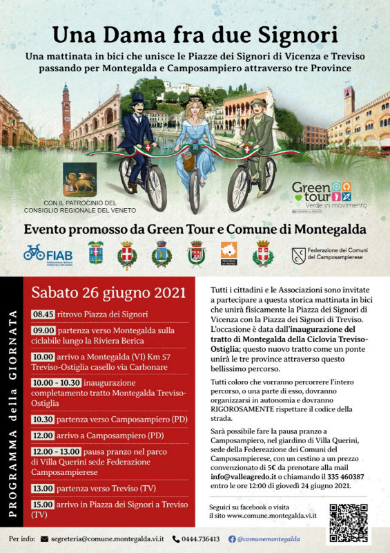 Eine Dame zwischen zwei Herren: Einweihung der Strecke Montelgalda des Treviso-Ostiglia - Fahrradwegs