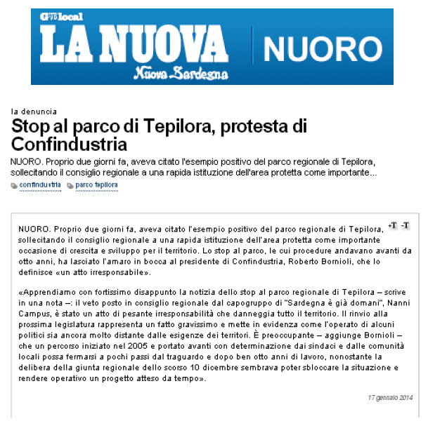 Stop al Parco di Tepilora, protesta di Confindustria