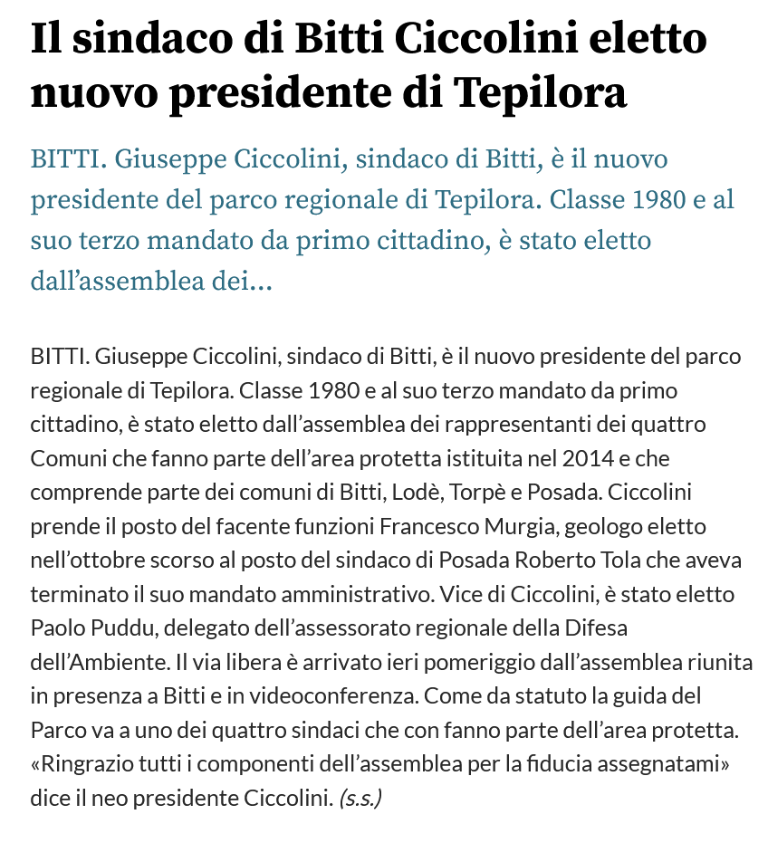 Il sindaco di Bitti Ciccolini eletto nuovo presidente di Tepilora
