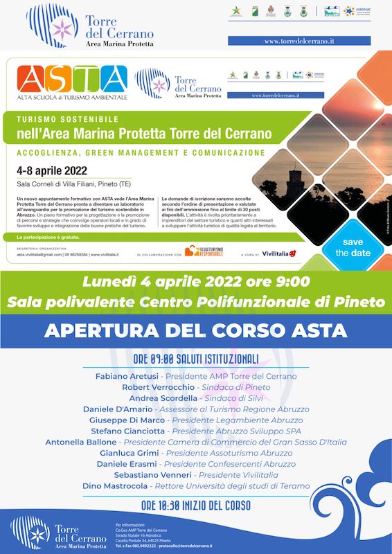 Dal 4 all'8 aprile la scuola di turismo ambientale - Speciale AMP Torre del Cerrano: accoglienza, green management e comunicazione