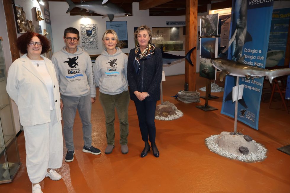 Nella foto, da sinistra: Alessandra Casini direttrice del Parco, Primo Micarelli fondatore e direttore scientifico di Aquarium Mondo Marino, Valérie Barbot responsabile didattica del Centro Studi Squali e Lidia Bai presidente del Parco.