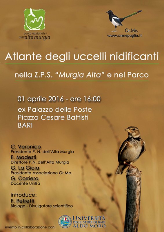 Il 1° Aprile, Bari, ore 16.00: presentazione del primo Atlante dell'avifauna dell'Alta Murgia
