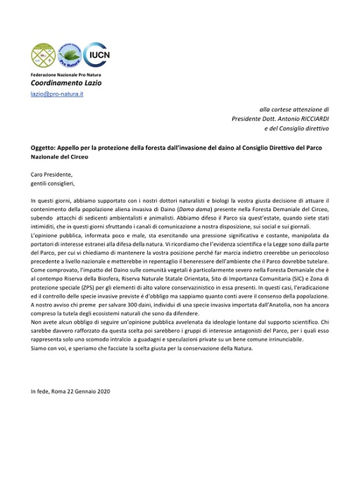 Piano di controllo del daino, la lettera della Federazione Nazionale Pro Natura - Coordinamento Lazio