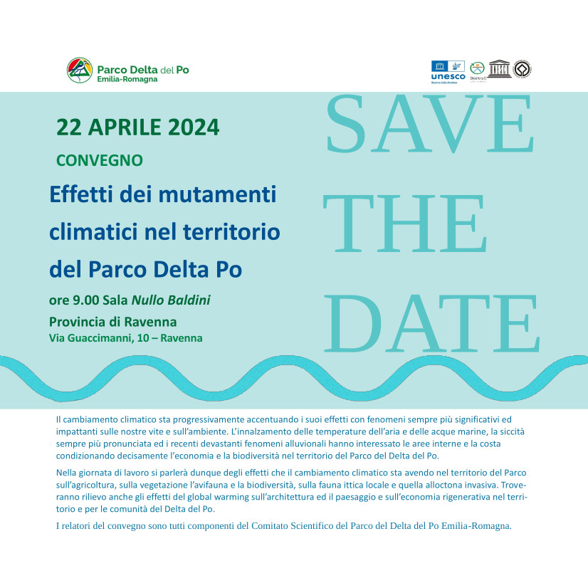 Save the Date. 22 aprile 2024: a Ravenna un convegno scientifico del Parco sugli effetti dei cambiamenti climatici nel Delta del Po