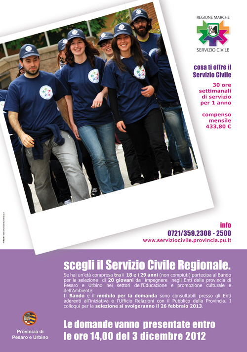 Bando per la selezione di volontari da impiegare nei progetti di Servizio Civile Regionale della Provincia di Pesaro e Urbino