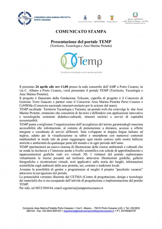 Presentazione del portale TEMP (Territorio, Tecnologia e Aree Marine Protette)