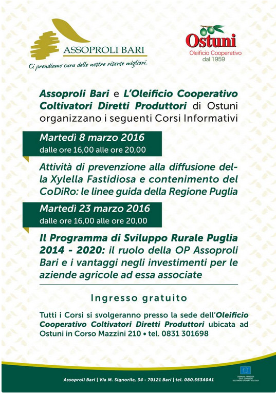 Due incontri formativi su Xylella e sul prossimo Piano di Sviluppo Rurale della Puglia