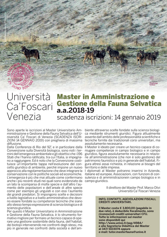 Master in Amministrazione e Gestione della Fauna Selvatica a.a. 2018/19