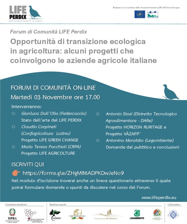 Forum di Comunità Life Perdix: un incontro online per approfondire le opportunità della transizione ecologica in agricoltura