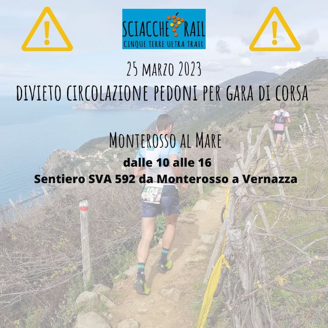 Sciacchetrail: chiusura sentieri Comune di Monterosso 
