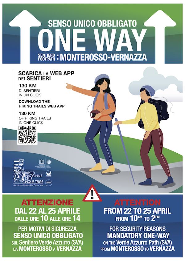 Sentier Vert Bleu : sens unique de Monterosso à Vernazza en occasion du week-end prolongé pour l'anniversaire de la Libération de l'Italie