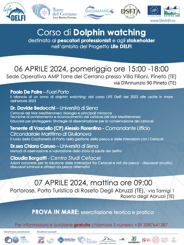Nell'AMP Torre del Cerrano secondo corso di Dolphin Watching destinato ai pescatori professionisti e agli stakeholder nell'ambito del Progetto Life DELFI
