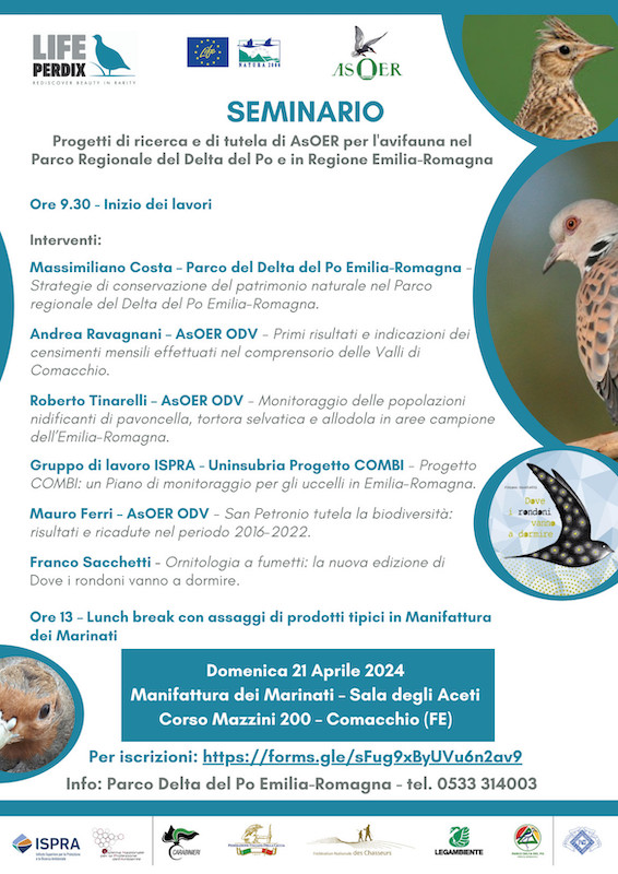 21 Aprile 2024, Seminario Progetti di ricerca e di tutela di AsOER per l'avifauna nel Parco Regionale del Delta del Po e in Regione Emilia-Romagna. Progetto LIFE PERDIX