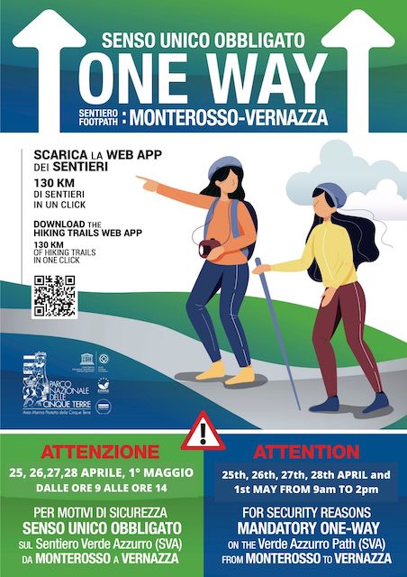 Sentiero Verde Azzurro: senso unico Monterosso-Vernazza 25, 26,27,28 aprile, 1 maggio 