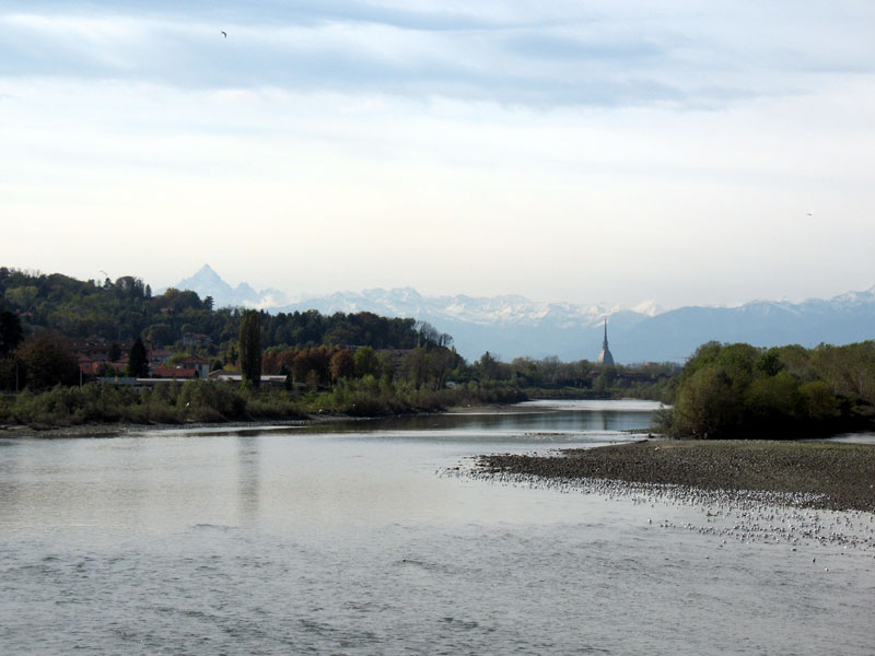 River Po, Monviso, and Mole Antonelliana from Ponte Vecchio in San Mauro Torinese
