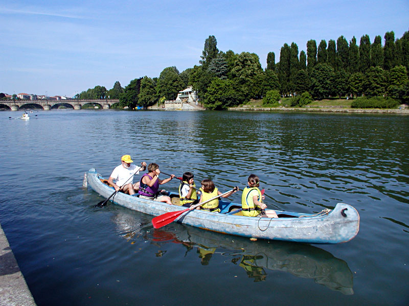 Canadian canoe on the river Po at Murazzi in Turin