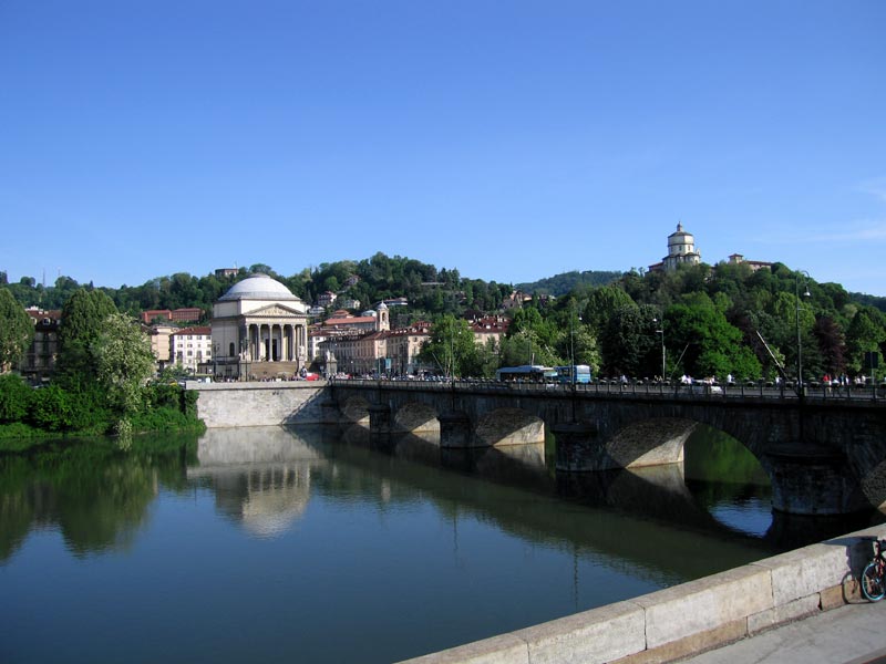 River Po, Gran Madre Church, Vittorio Emanuele I Bridge, and Monte dei Cappuccini in Turin