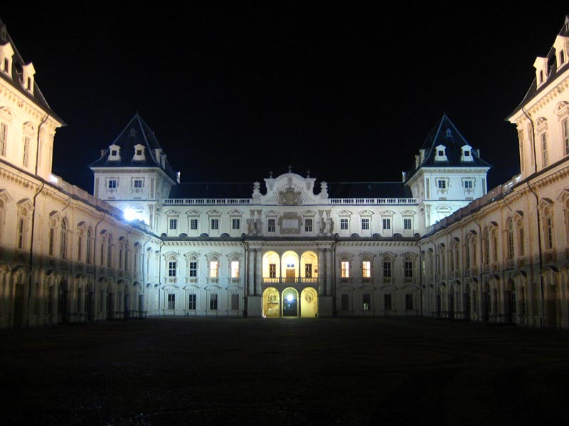 The western façade of Valentino Castle, at night
