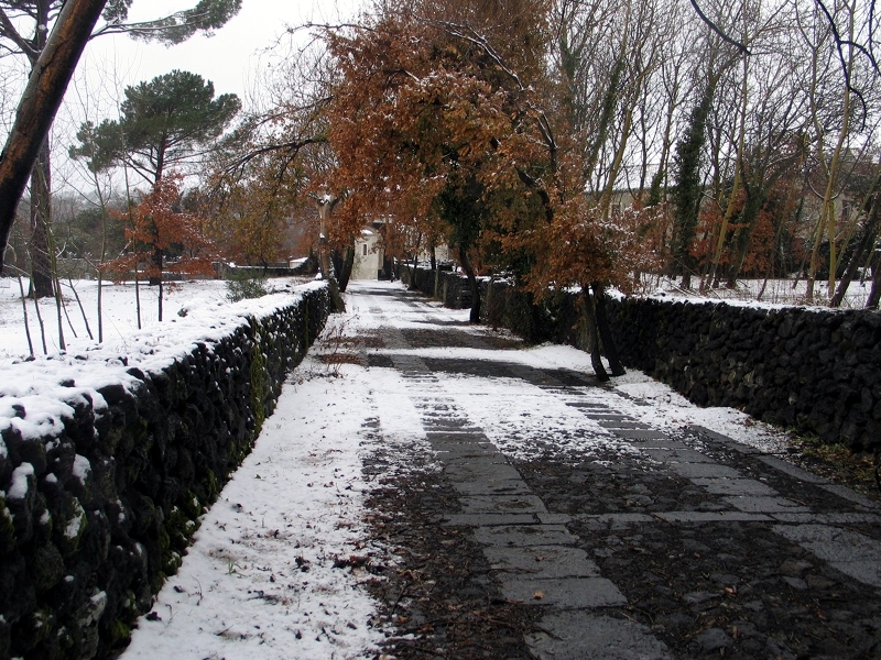 Alley, snow-clad entrance of Etna Park