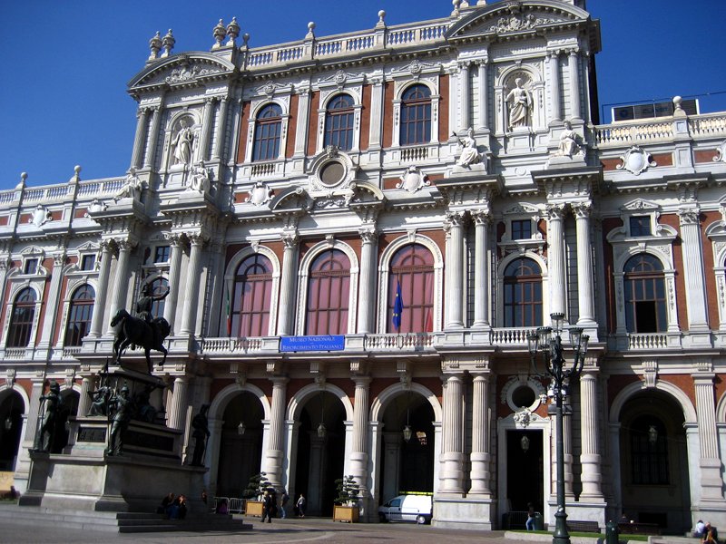 The 19th-century façade of Palazzo Carignano facing Carlo Alberto square