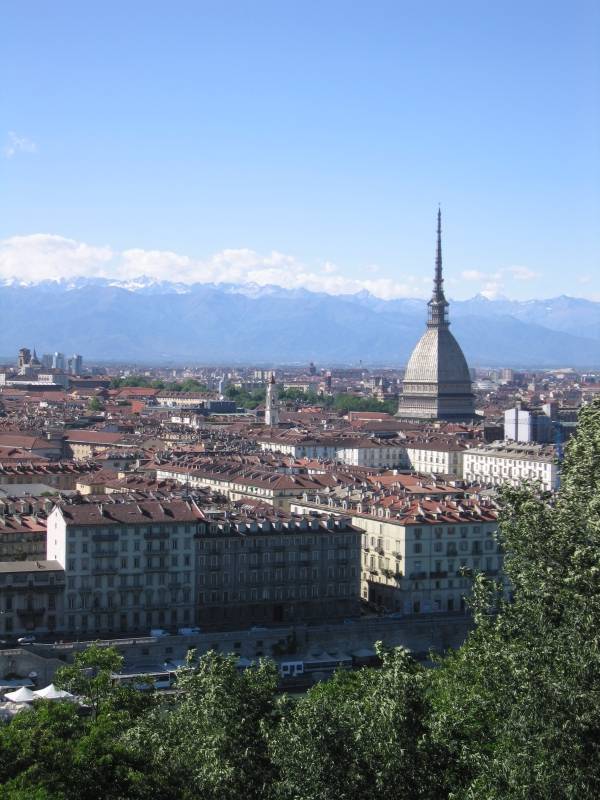 Piazza Vittorio Veneto, Mole, and the Graian Alps, seen from Monte dei Cappuccini in Turin