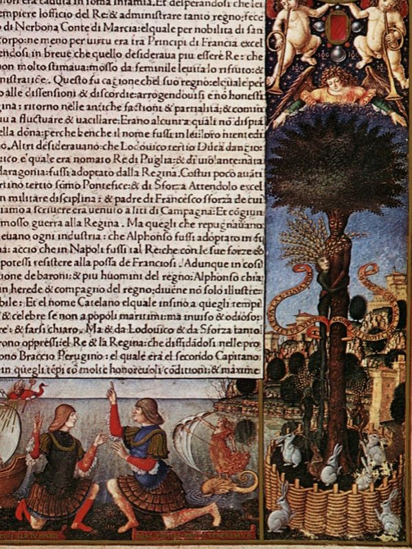 Delizioso codice miniato, panegirico del Moro, con l'albero alla destra e alla sinistra Ludovico il Moro che redarguisce il nipote Gian Galeazzo giovane Duca di Milano