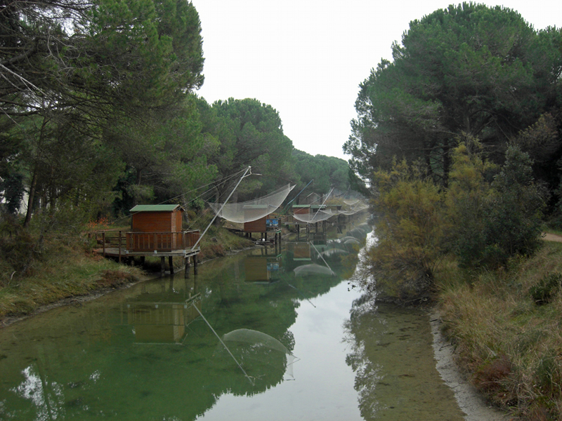 Uno dei canali che solcano la Pineta di Cervia, con i tipici capanni da pesca