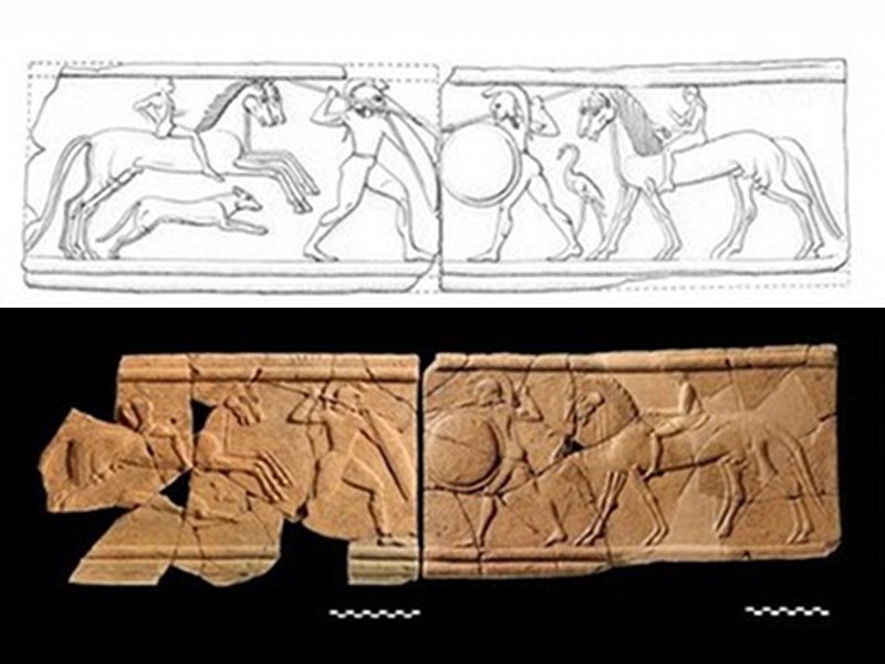 Disegno e fotografia del fregio figurato continuo dell’edificio monumentale di metà VI sec. a.C
