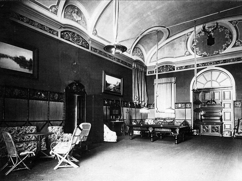 Billiard room, 1910, black and white photograph